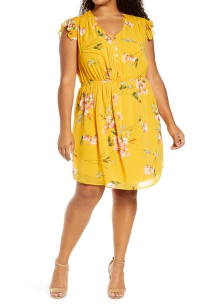 Shop Daniel Rainn Floral Flutter Sleeve Dress In Yellow