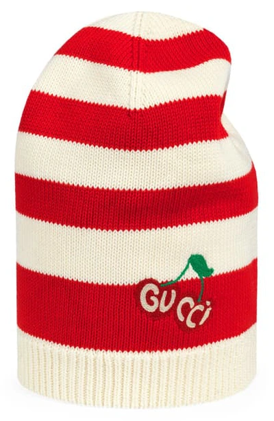 Shop Gucci Jonson Cherry Embroidered Stripe Cotton Beanie In Ivory/ Red