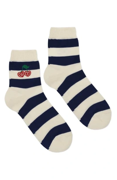 Shop Gucci Jonson Cherry Embroidered Stripe Socks In Ivory/ Blue