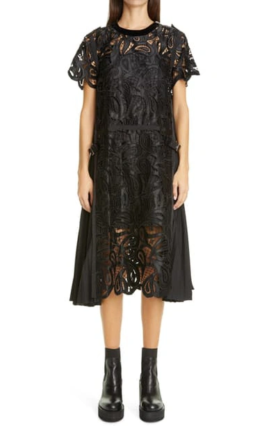 Shop Sacai Satin Paisley Guipure Lace Midi Dress In Black