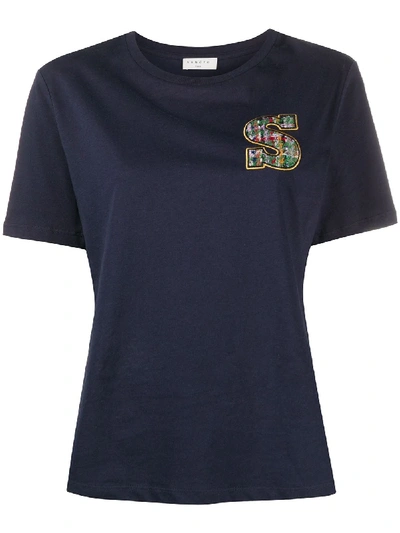 Shop Sandro Checked Logo Patch T-shirt In Blue