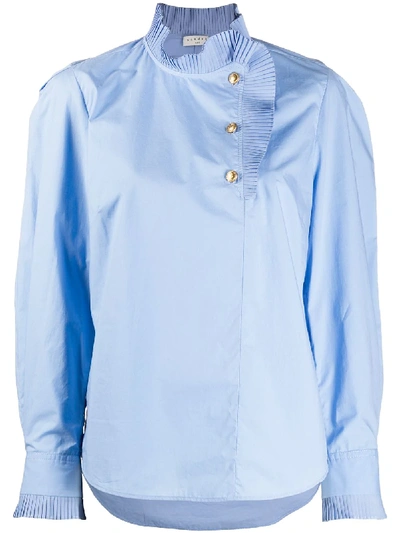 Shop Sandro Pleated-trim Cotton Blouse In Blue