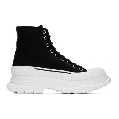 Shop Alexander Mcqueen Black Canvas Tread Slick Platform High Sneakers In 1070 Blk Wh