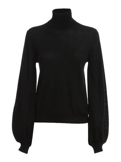 Shop P.a.r.o.s.h Puffed Sleeve Wool Blend Turtleneck In Black