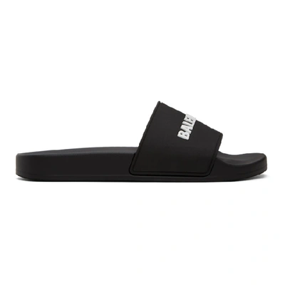 Shop Balenciaga Black And White Rubber Logo Pool Slides In 1006 Black