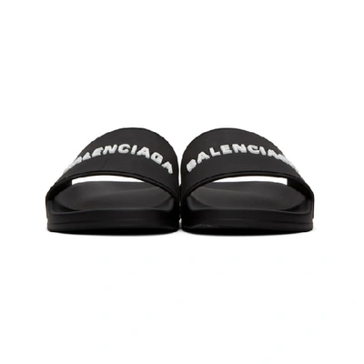 Shop Balenciaga Black And White Rubber Logo Pool Slides In 1006 Black