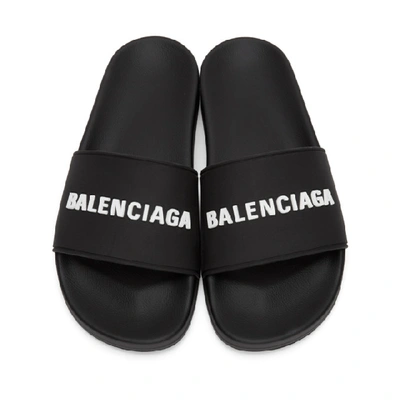 Shop Balenciaga Black And White Rubber Logo Pool Slides In 1006 Black