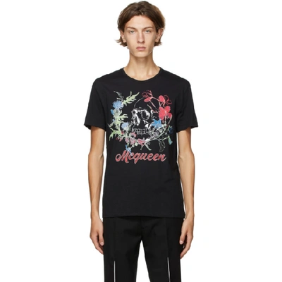 Shop Alexander Mcqueen Black Skull Floral Crown Print T-shirt In Black Mix
