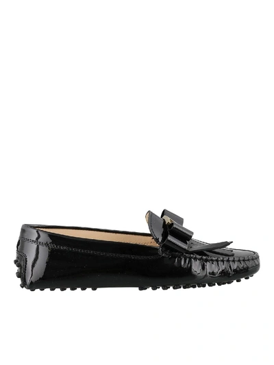 Shop Tod's Bow Detailed Patent Leather Loafers In Black