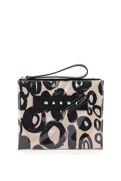 Shop Marni Small Glossy Grip Abstract Drops Print Pouch In Ivory (beige)