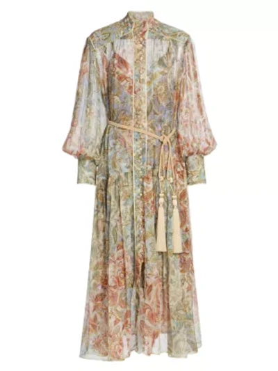 Shop Zimmermann Lucky Bound Puff-sleeve Floral Silk Midi Dress In Mixed Jacobean