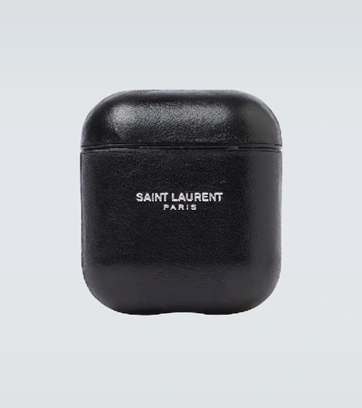 Shop Saint Laurent Leather Airpods Case In Black