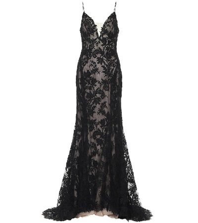 Shop Monique Lhuillier Floral Lace Gown In Black