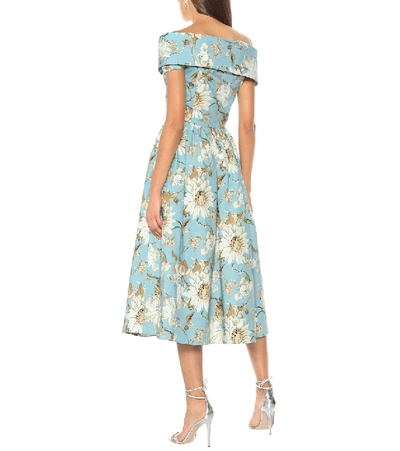 Shop Oscar De La Renta Floral Stretch-cotton Off-shoulder Midi Dress In Blue