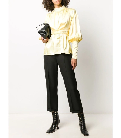 Shop Materiel High-neck Satin Blouse With Puff Sleeves In Yellow