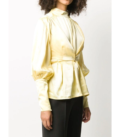 Shop Materiel High-neck Satin Blouse With Puff Sleeves In Yellow