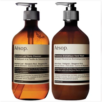 Shop Aesop Geranium Cleanser And Reverence Hand Wash Duo (worth £60.00)