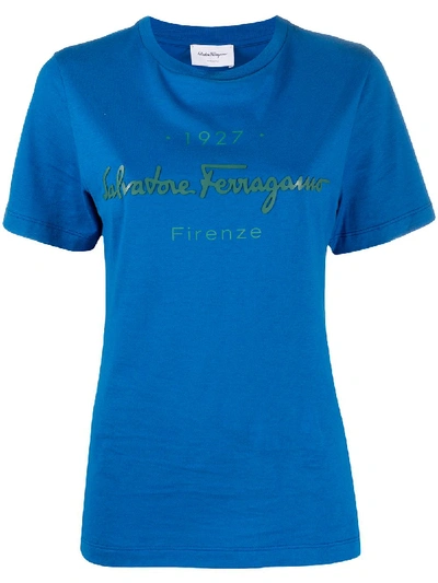 Shop Ferragamo Logo-print Cotton T-shirt In Blue