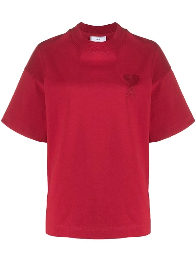 Shop Ami Alexandre Mattiussi Ami De Coeur Embroidered T-shirt In Red