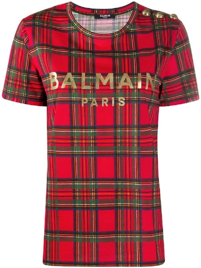 Shop Balmain Tartan Logo-print T-shirt In Red