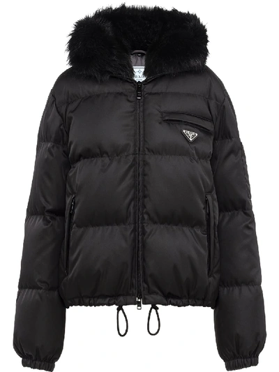 Prada Padded Parka Jacket With Enamel Triangle Logo In Black