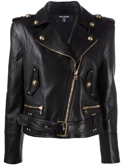 Shop Balmain Cropped Logo Button Biker Jacket In Black