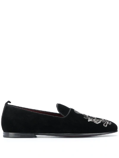 Shop Dolce & Gabbana Logo Embroidered Velvet Loafers In Black