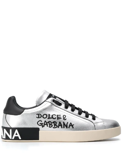 Shop Dolce & Gabbana Logo Print Metallic Trainers In Silver