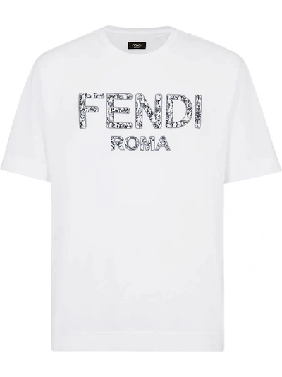 Shop Fendi White Floral Logo T-shirt