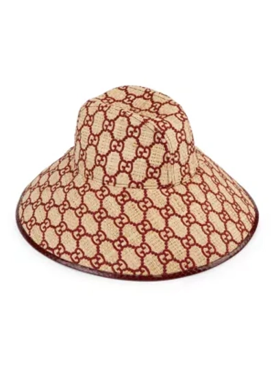 Shop Gucci Gg Logo Straw Hat In Ivory Bordeaux