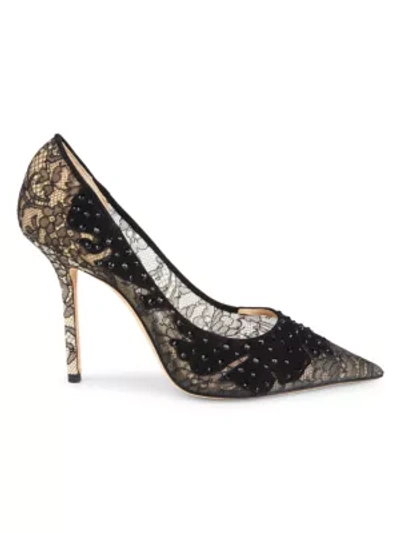 Shop Jimmy Choo Love Embellished Lace & Suede Pumps In Black