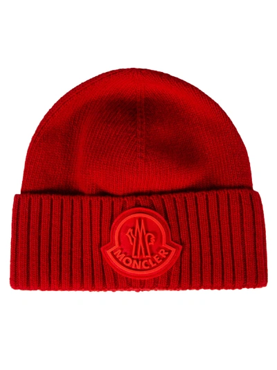 Shop Moncler Ribbed Edge Logo Patch Beanie In Red