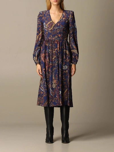 Shop Etro Dress In V-shaped Paisley Silk In Blue