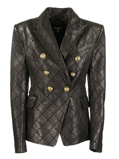 Shop Balmain Black Leather Blazer With Diamond-shaped Stitching