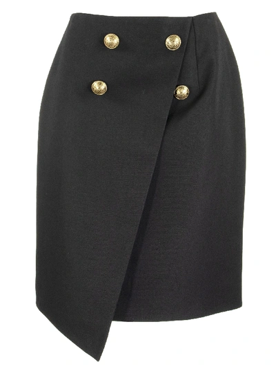 Shop Balmain Asymmetrical Wool Wraparound Skirt With Gold-tone Buttons In Black