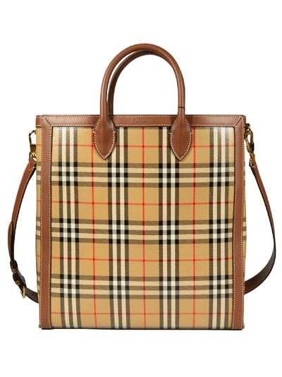Shop Burberry Checked Tote In Beige