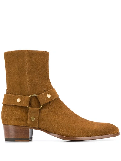 Shop Saint Laurent Buckled Leather Ankle-boots In Brown