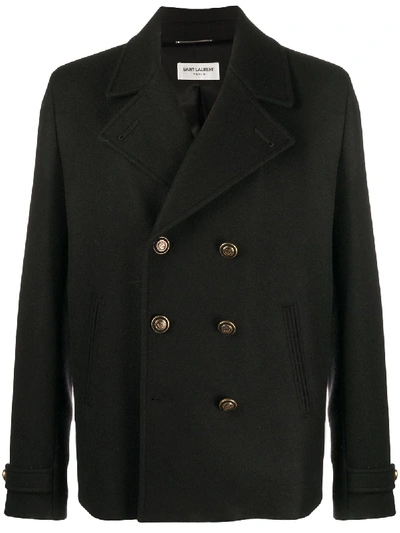 Shop Saint Laurent Double-breasted Short Peacoat In Black