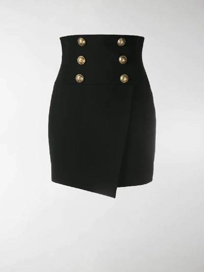 Shop Balmain Short High-waist Buttoned Wrap Skirt In Black