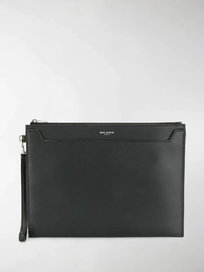Shop Saint Laurent Leather Tablet Pouch In Black