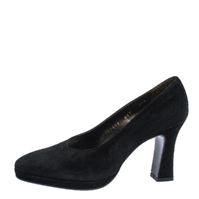 Pre-owned Ferragamo Black Suede Platform Block Heel Pumps Size 38