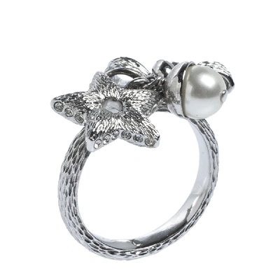 Pre-owned Dior Silver Tone Bow, Crystal Star & Faux Pearl Charm Ring L