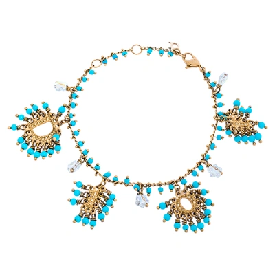 Pre-owned Dior Turquoise Blue Crystal Logo Beaded Bracelet