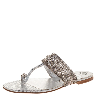 Pre-owned Gina Silver Crystal Embellished Leather Thong Flat Slides Size 37