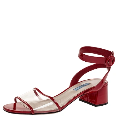 Pre-owned Prada Red Patent And Pvc Ankle Strap Block Heel Sandals Size 39.5