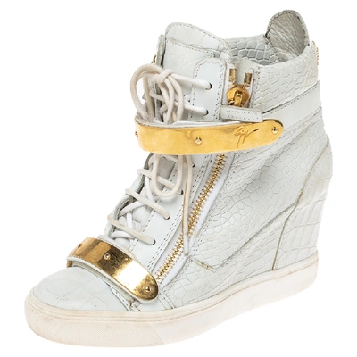 Pre-owned Giuseppe Zanotti White Croc Embossed Leather Lorenz Wedge High Top Sneakers Size 38