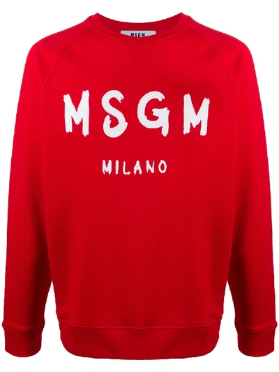 Shop Msgm Logo Print Crew Neck Sweatshirt In Red