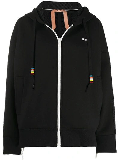 Shop N°21 Zip Hoodie With Beaded Drawstring Hood In Black