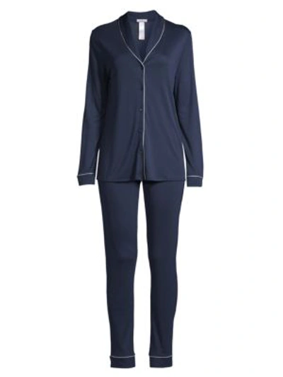 Shop Hanro Natural Comfort 2-piece Long Pajama Set In Deep Navy