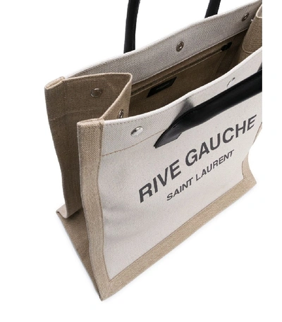 Shop Saint Laurent Linen Logo Tote Bag In Neutral